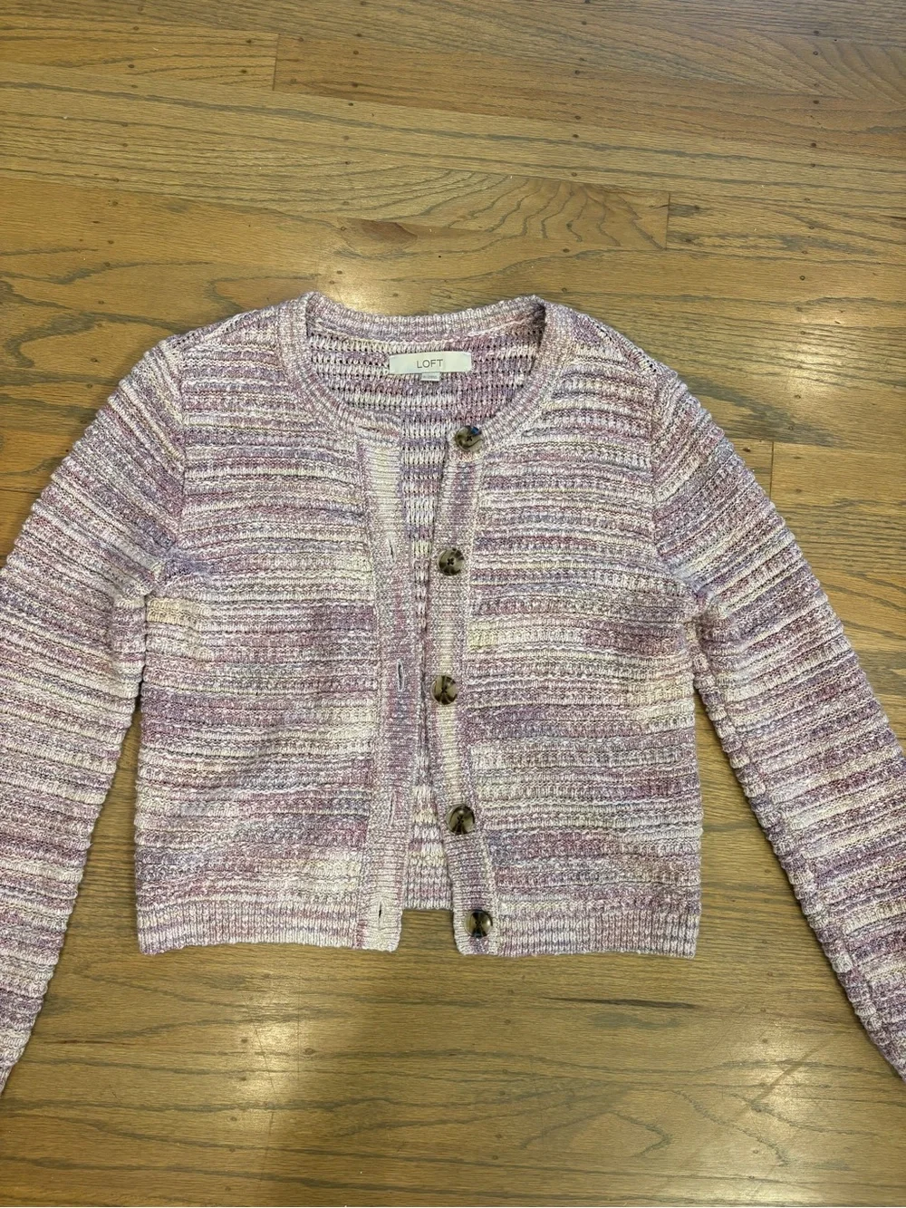LOFT Purple & Cream Striped Cropped Cardigan